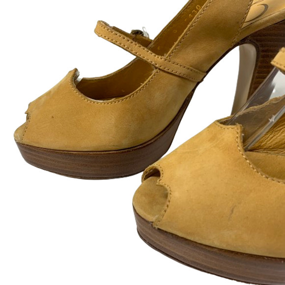 DELMAN Tan Leather Peep-Toe Platform‎ Heel Slingback Sandals - Picture 2 of 13